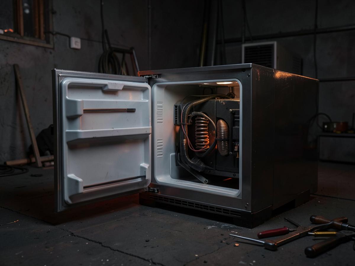 Concept illustration of a refrigerator with its rear cooling components exposed