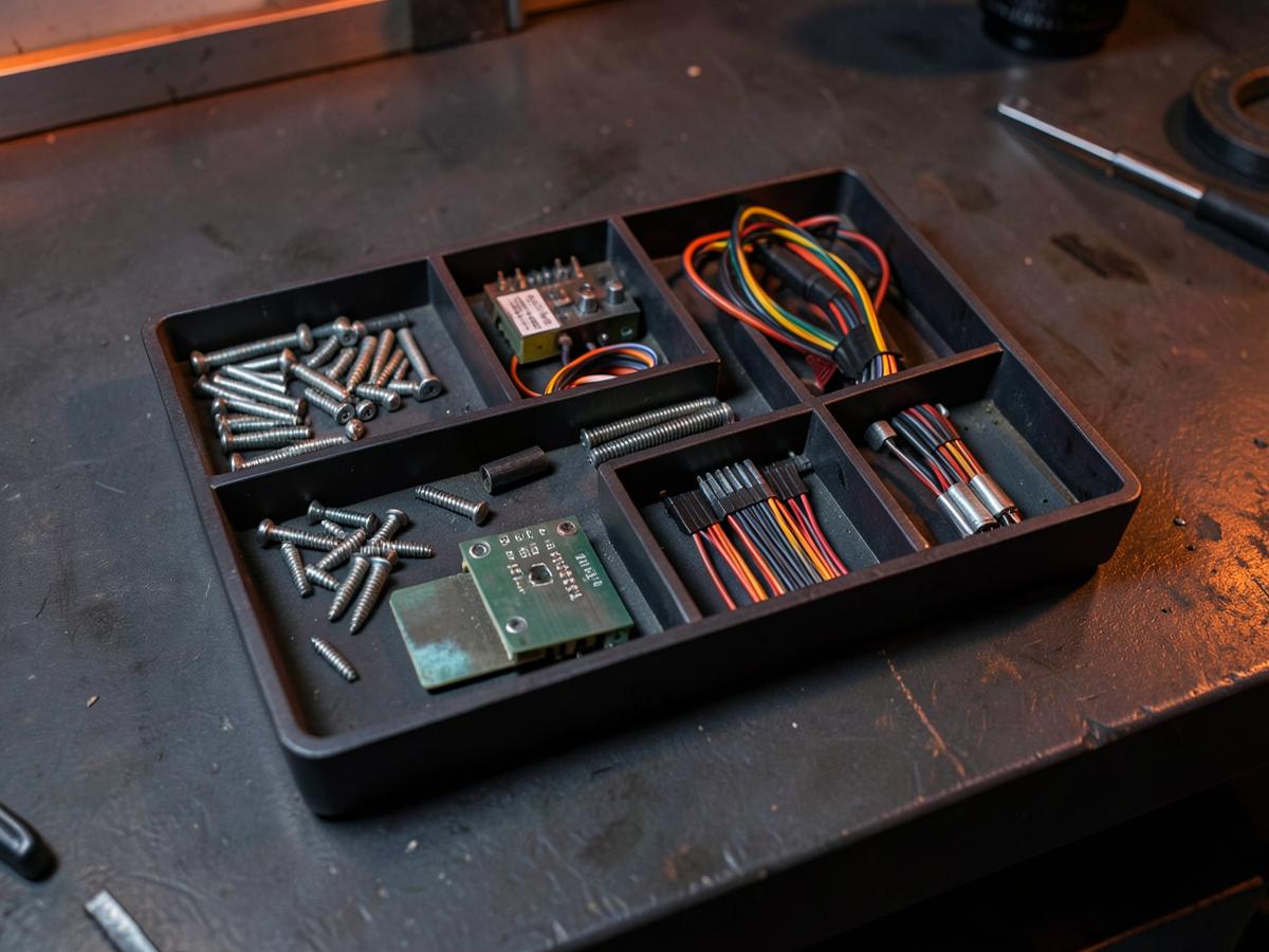 Concept illustration of a sorted tray of repair parts and cables