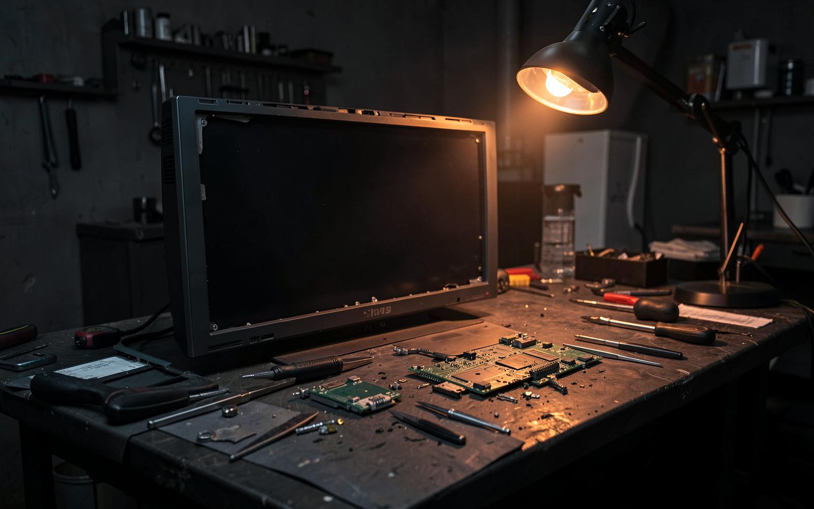 Concept illustration of a repair workbench with a disassembled television and tools